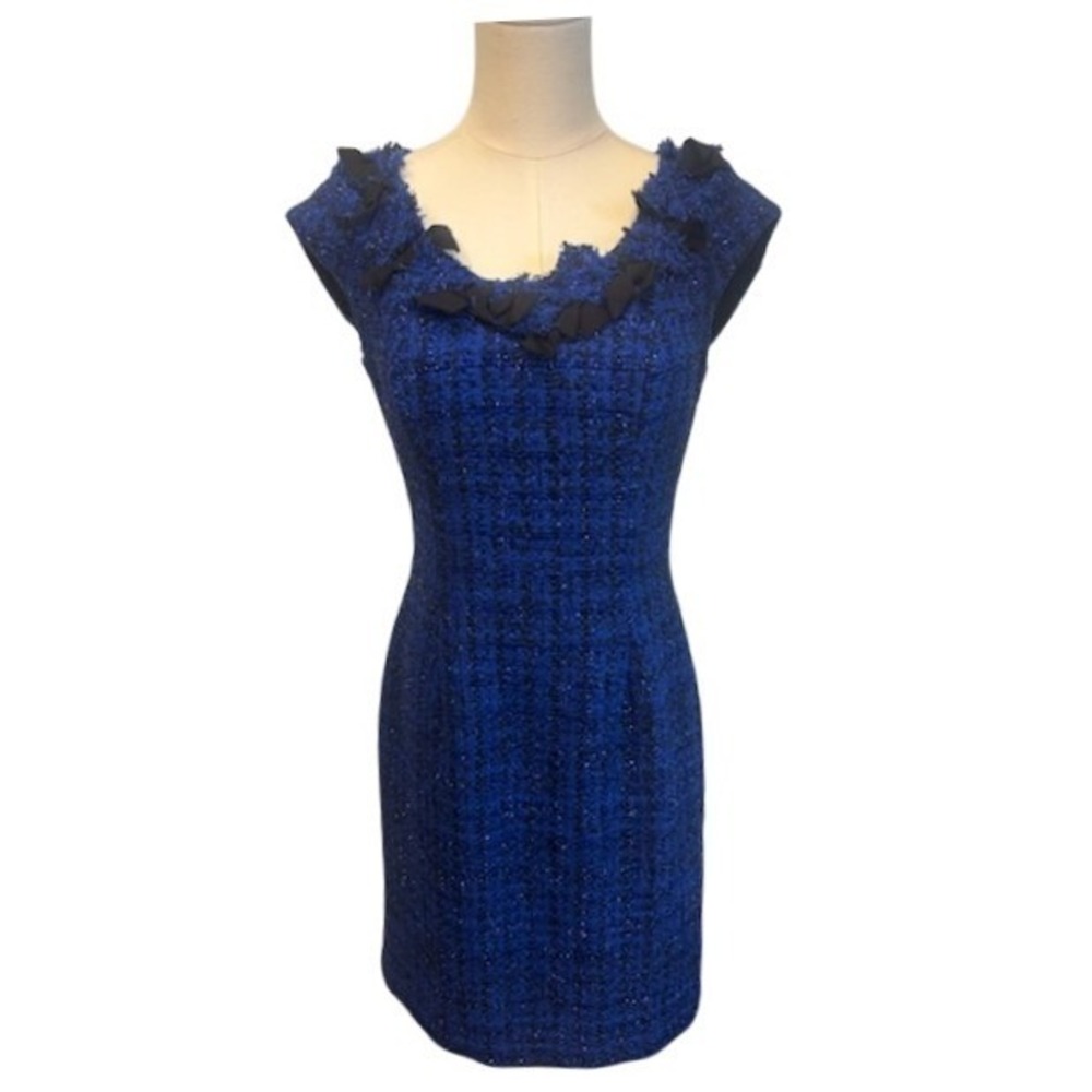 Kay Unger Tweed Dress Sheath Cocktail Party Black Bows Blue Size 6‎